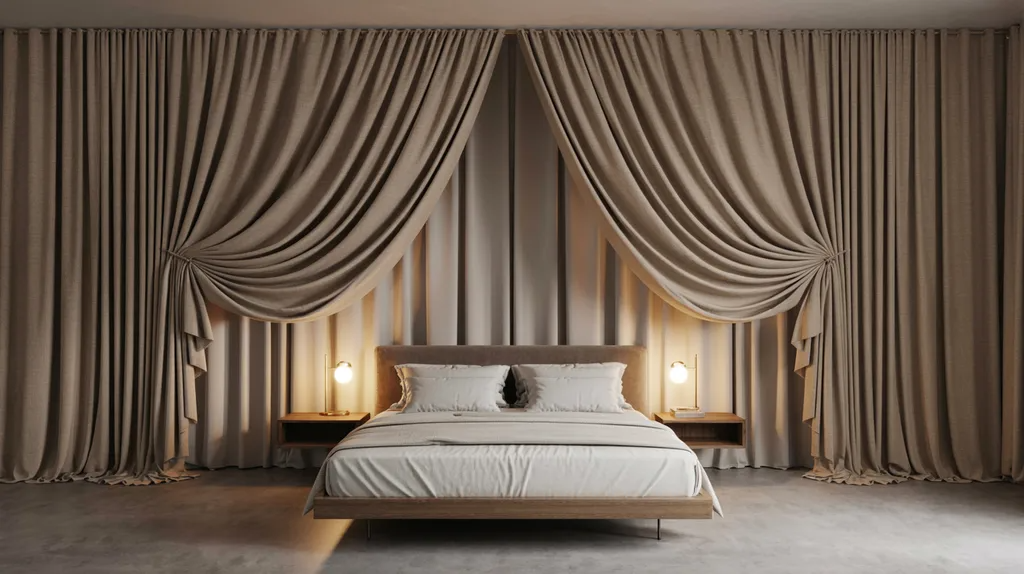 Bedroom with floor-to-ceiling curtains behind the bed creating a tall, dramatic feature wall.