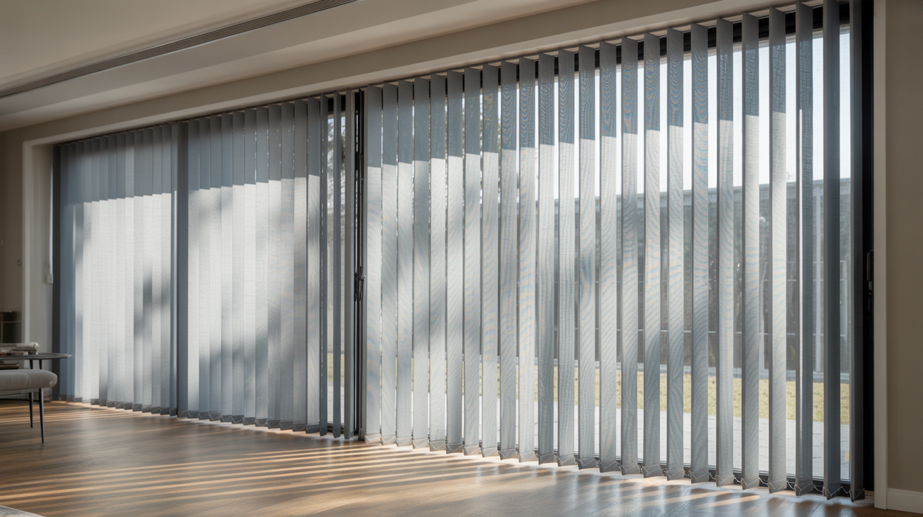 "Vertical blinds with aligned vanes partially covering a large window in a modern home interior."