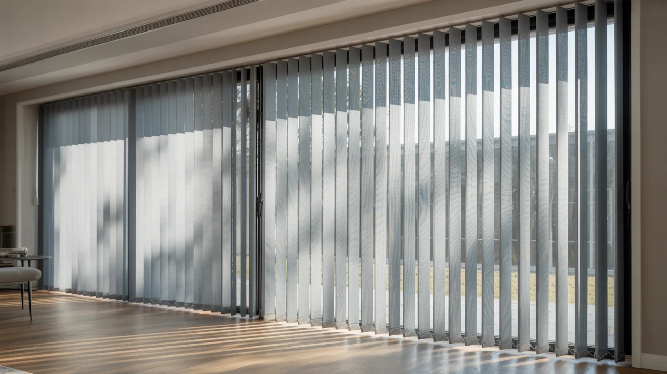 "Vertical blinds with aligned vanes partially covering a large window in a modern home interior."