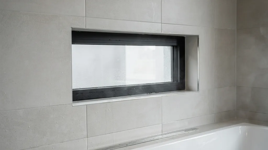 "Close-up of waterproofed walk-in shower window with sealed frame, sloped sill, and tiled surround designed to prevent moisture damage"