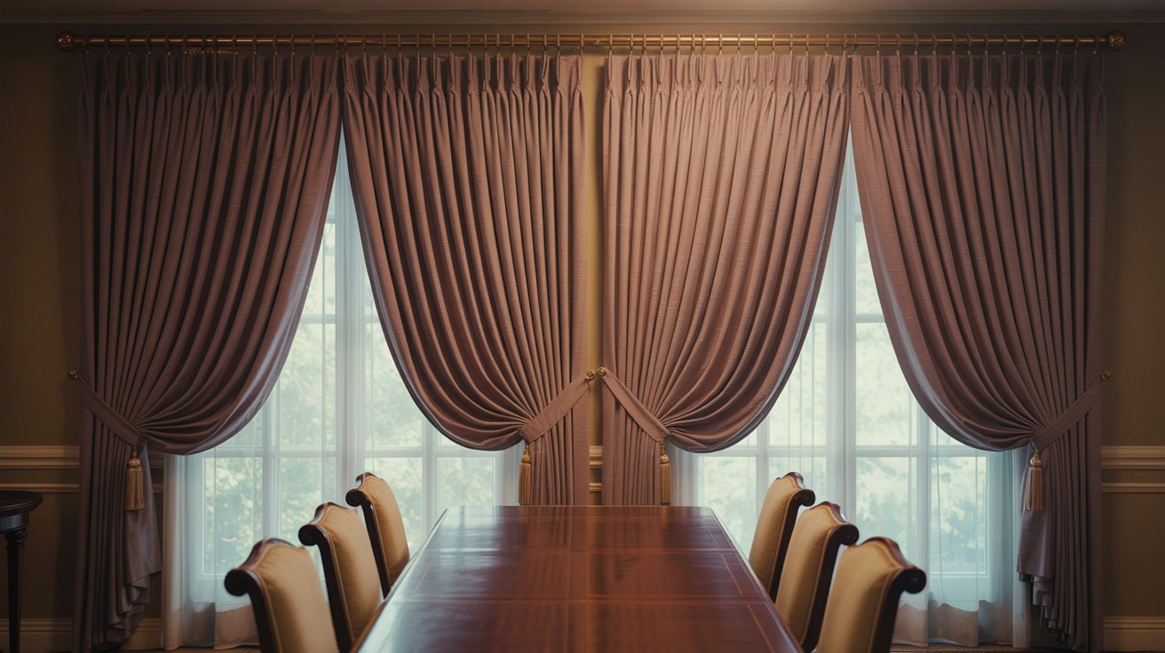 "Elegant dining room with pinch pleat curtains featuring structured stitched pleats for a polished formal look."
