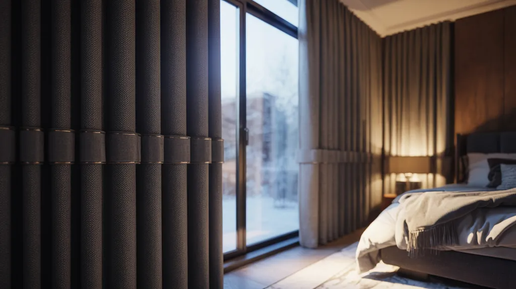 Bedroom with blackout curtains reducing cold sensation from window and improving comfort.