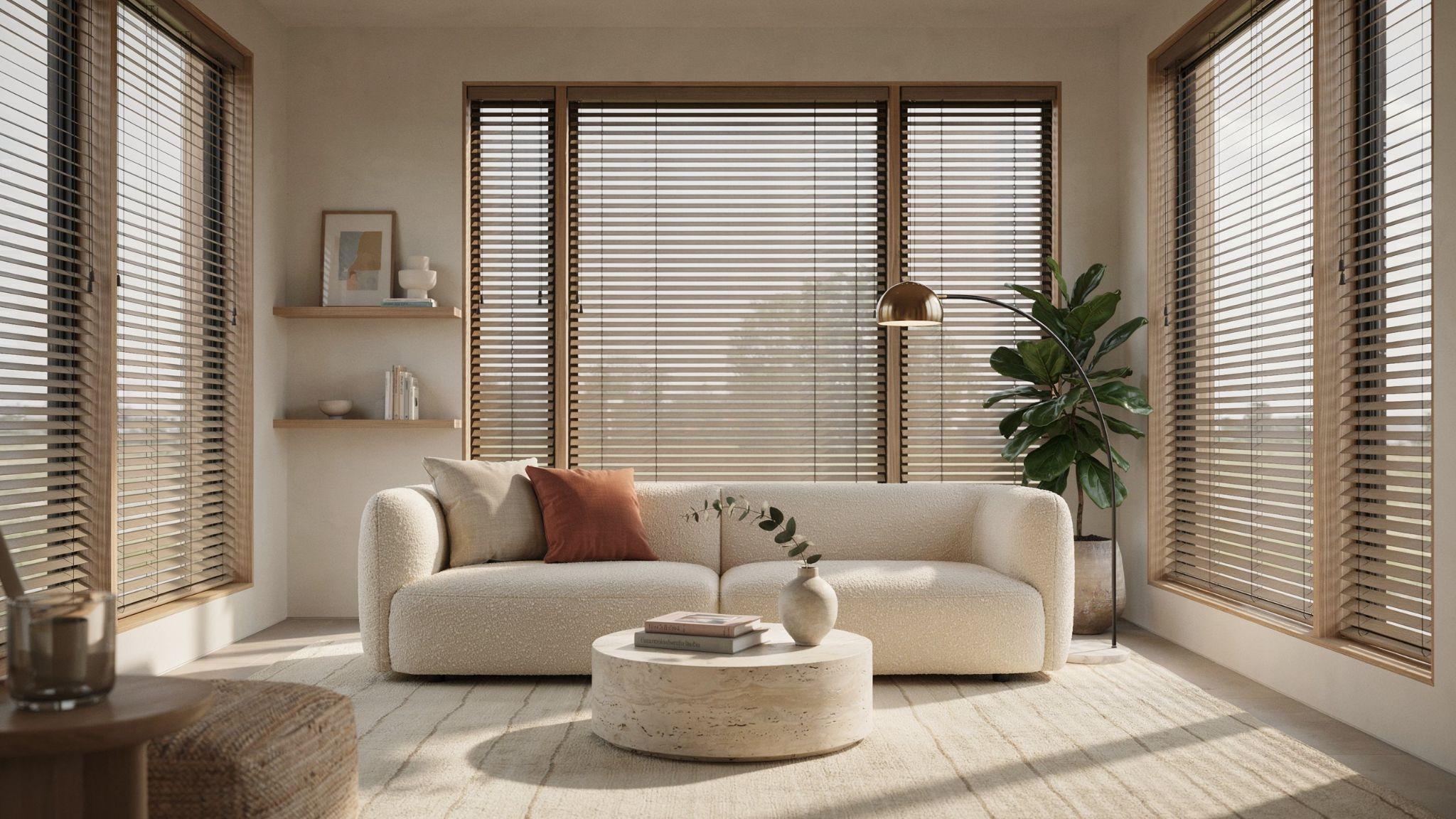 Three windows in a row styled with coordinated blinds in elegant living room.