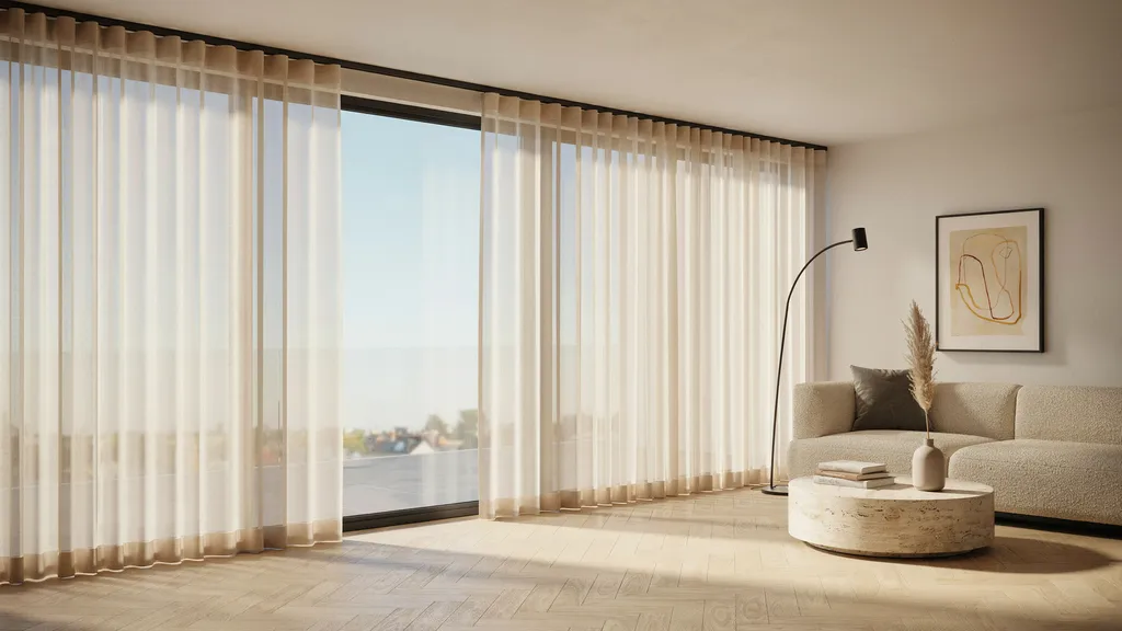 modern living room with ripple fold curtains forming a smooth wave pattern across a wide window.
