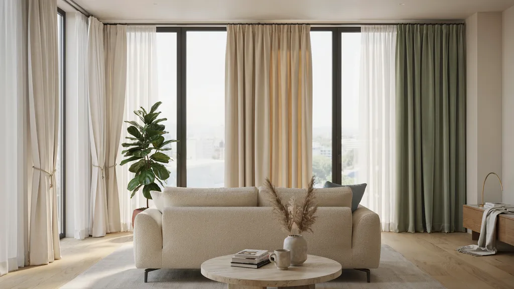 Three side-by-side windows decorated with stylish curtains in neutral and soft accent colors, creating a cohesive and visually balanced room design.