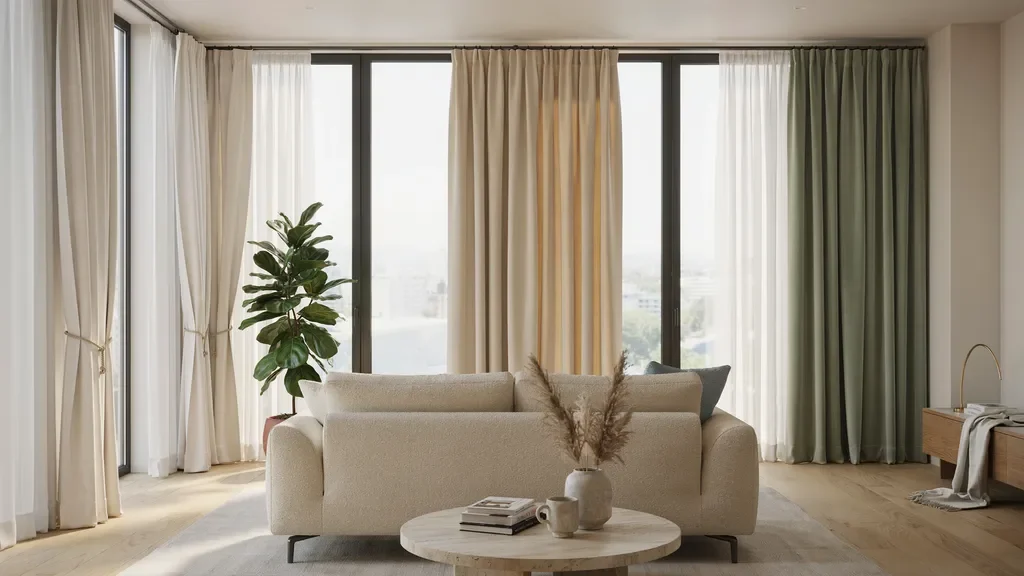 Three side-by-side windows decorated with stylish curtains in neutral and soft accent colors, creating a cohesive and visually balanced room design.