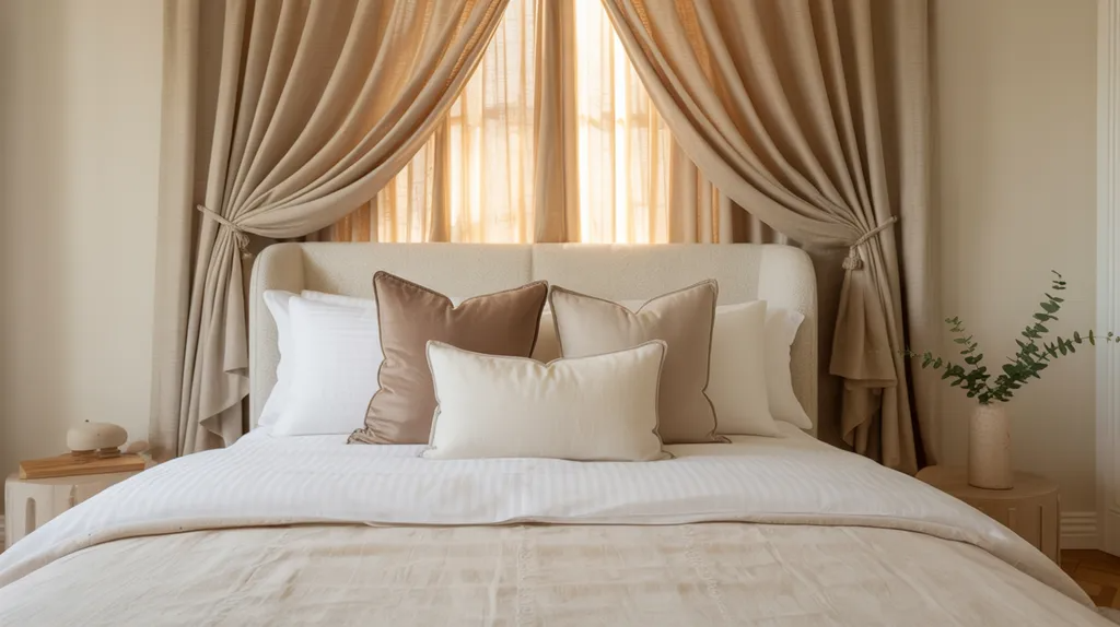 Bedroom with beige curtains creating a timeless and calming backdrop.