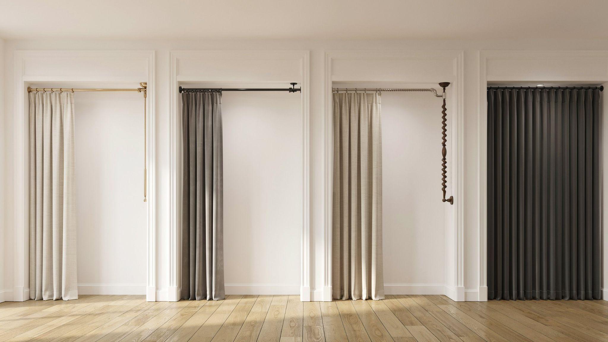 Curtain hardware display featuring traverse rods, tracks, cord-draw, and wand-draw systems together
