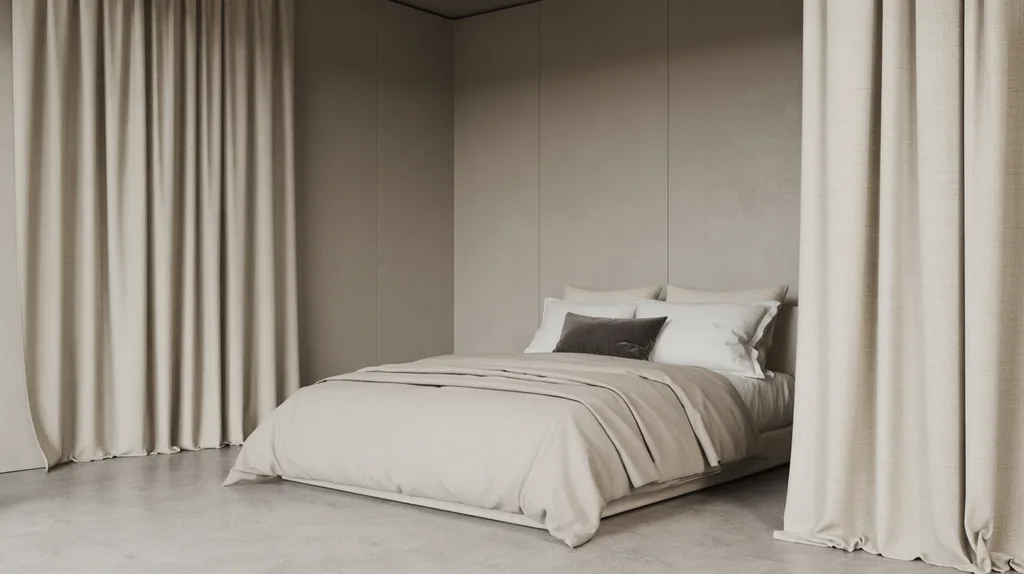 Monochrome bedroom with matching curtains, walls, and bedding.