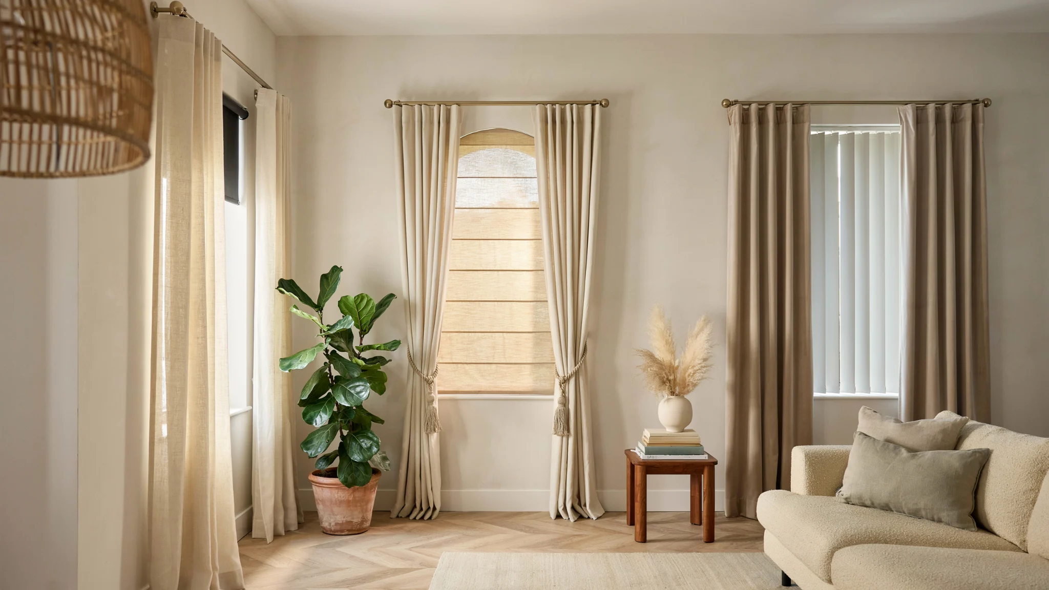 Various blinds and curtains together combinations demonstrating layered window styling for modern and classic interiors