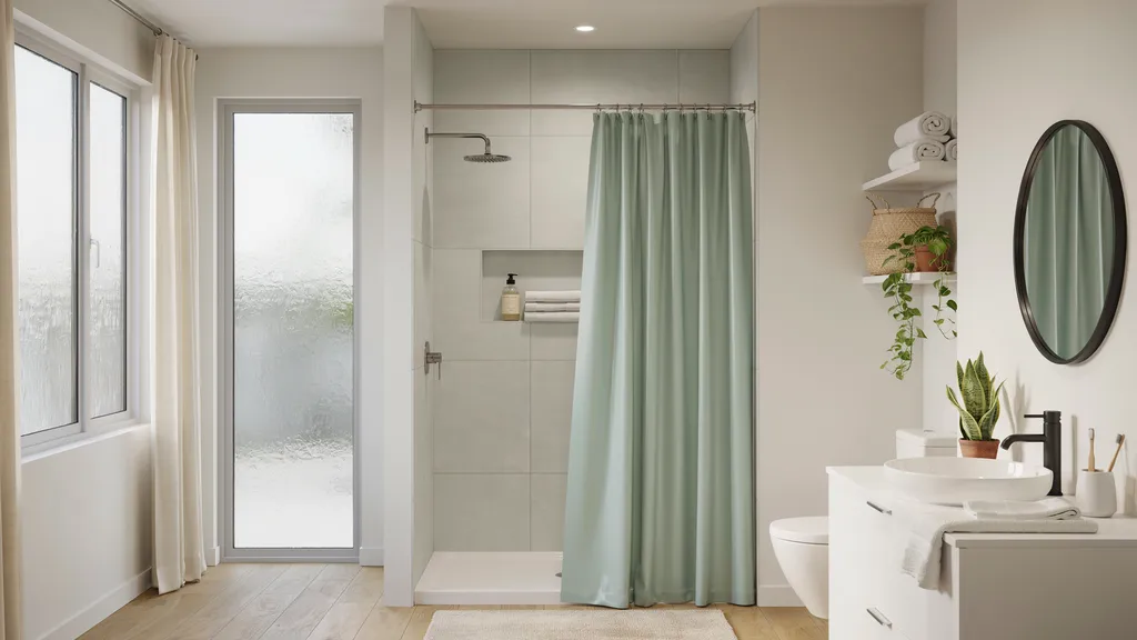 clean modern bathroom showing PEVA shower curtain benefits including safety freshness and easy maintenance spa like interior.