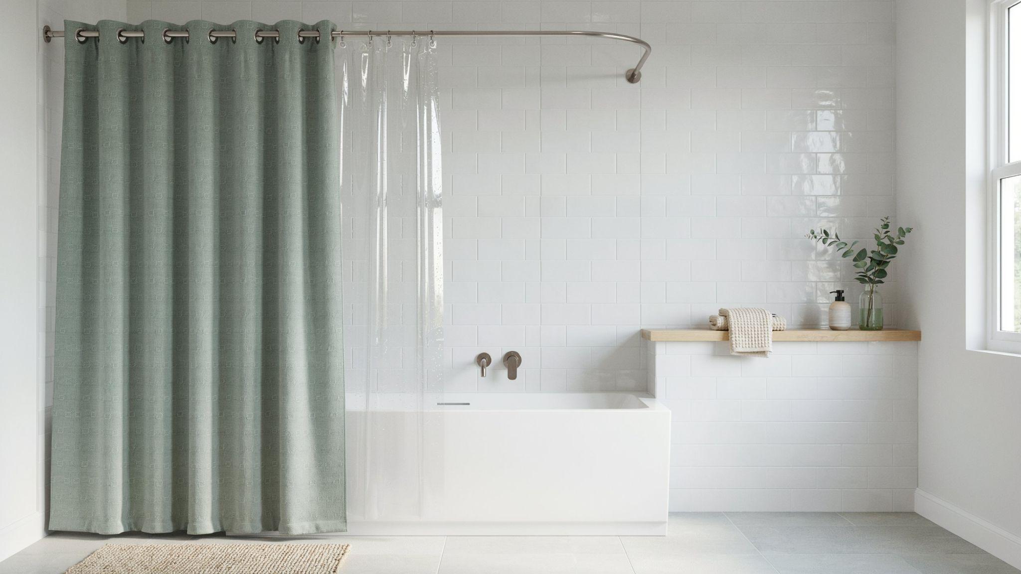 Decorative shower curtain and waterproof liner displayed together in a clean modern bathroom.