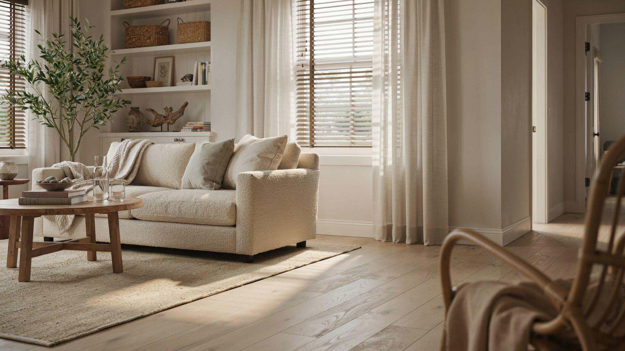 Sheer curtains layered over faux wood blinds in a bright room.