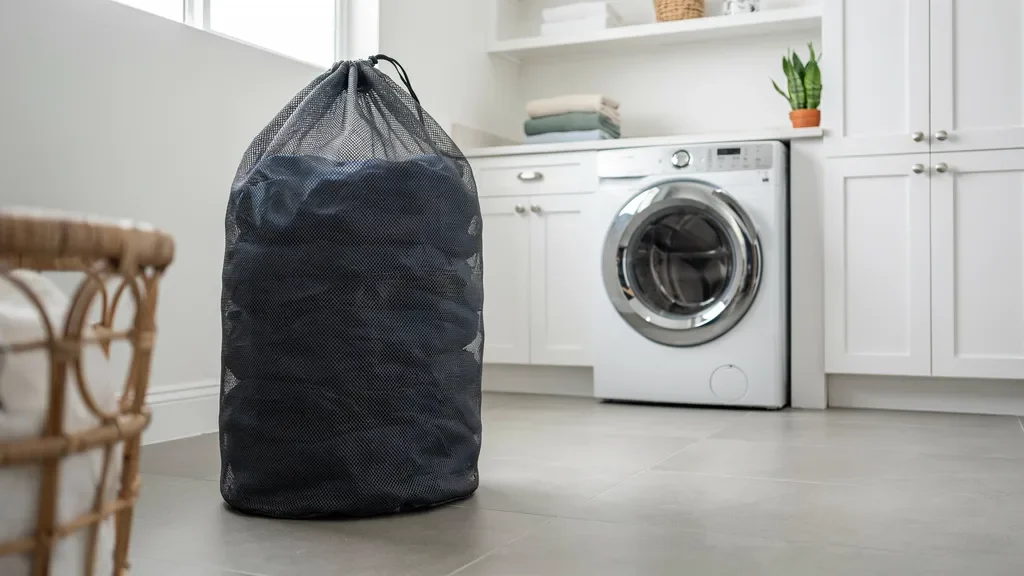 Blackout curtains placed inside a mesh laundry bag.