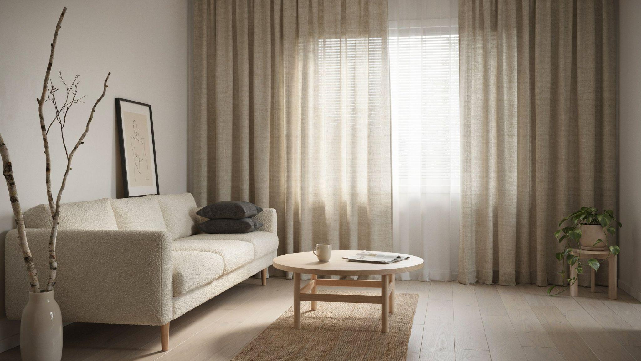 Neutral minimalist curtains over hidden blinds.