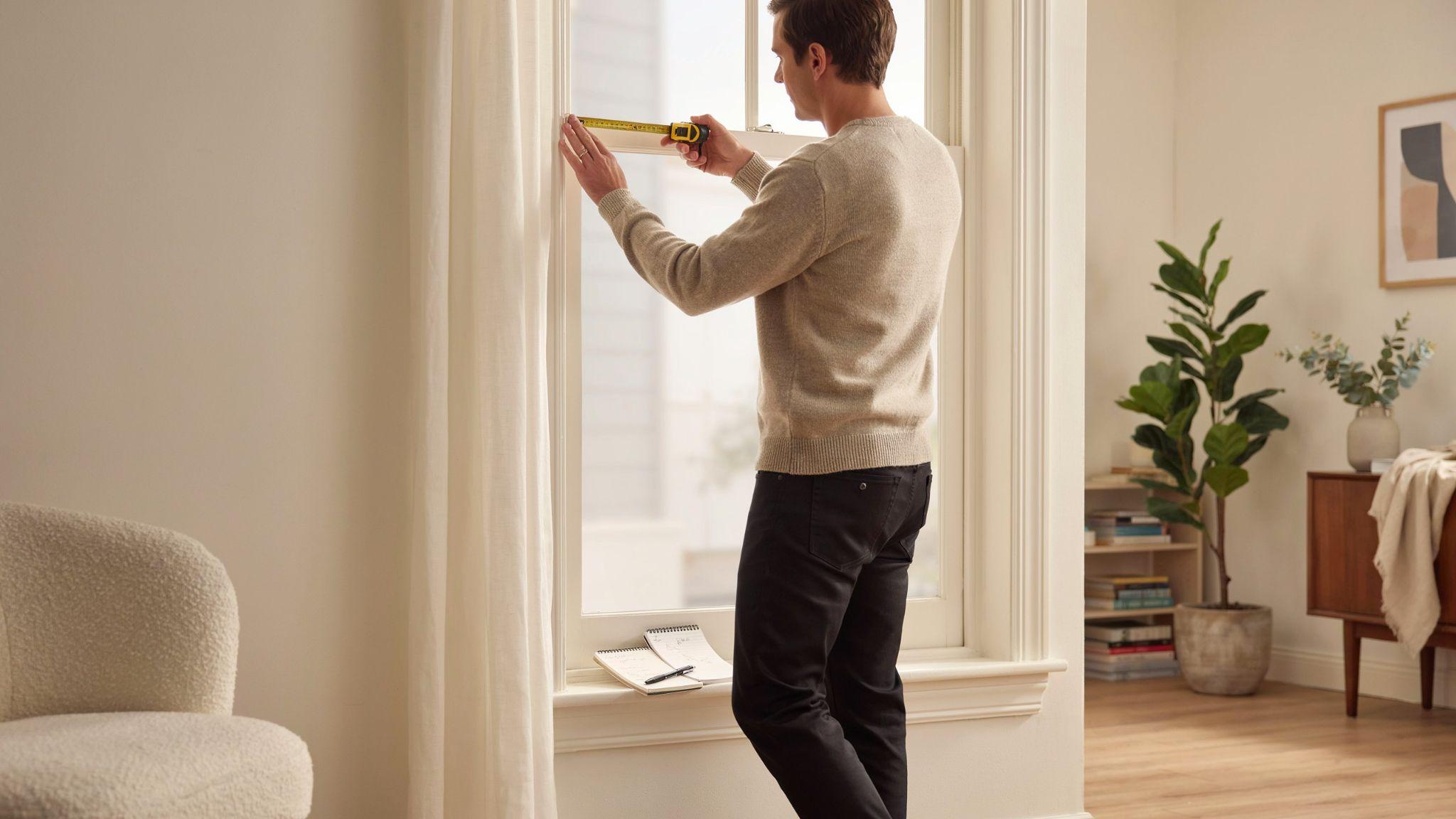 Measuring window width with a tape measure to determine the correct curtain rod size.