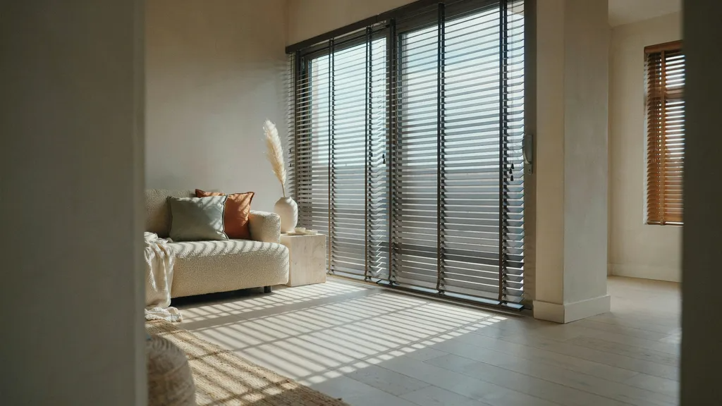 Modern interior showcasing Venetian blinds with adjustable horizontal slats controlling light and privacy in a stylish home setting.