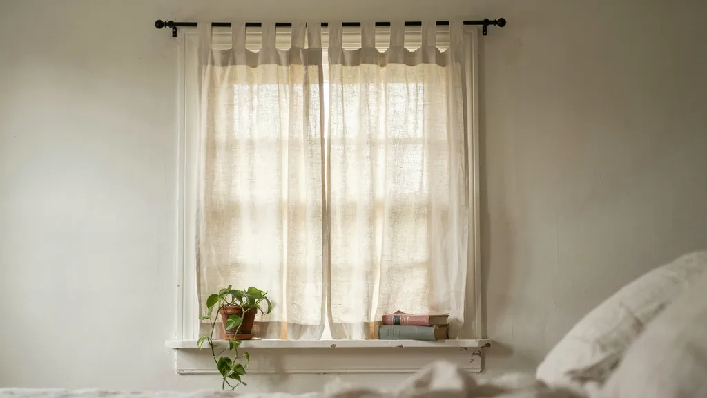 Tab top curtains with fabric loops creating a relaxed rustic look.