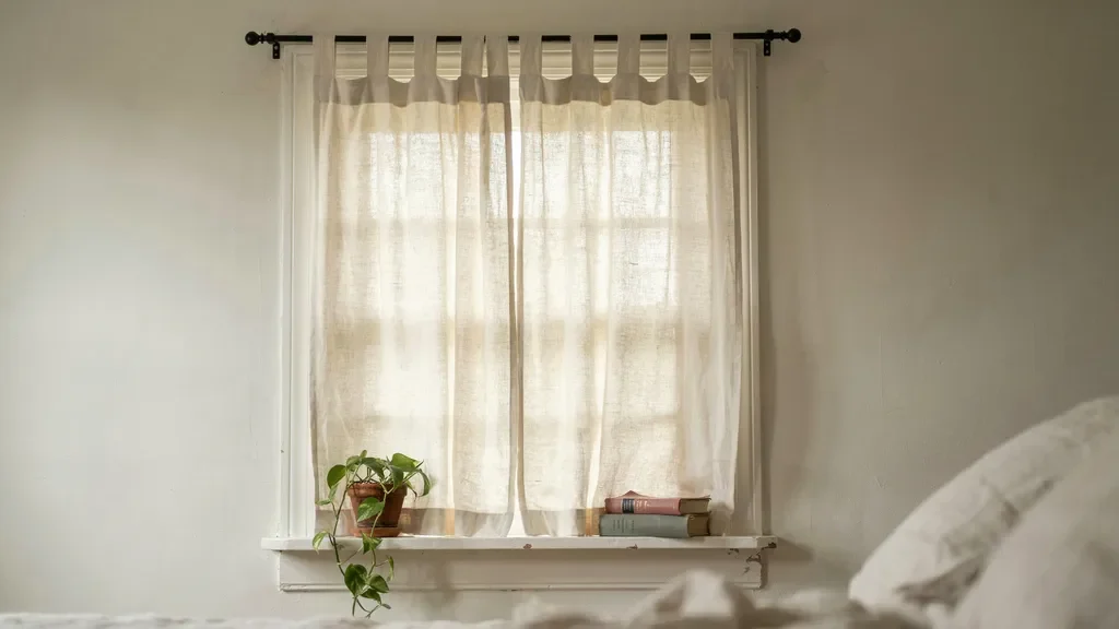 Tab top curtains with fabric loops creating a relaxed rustic look.