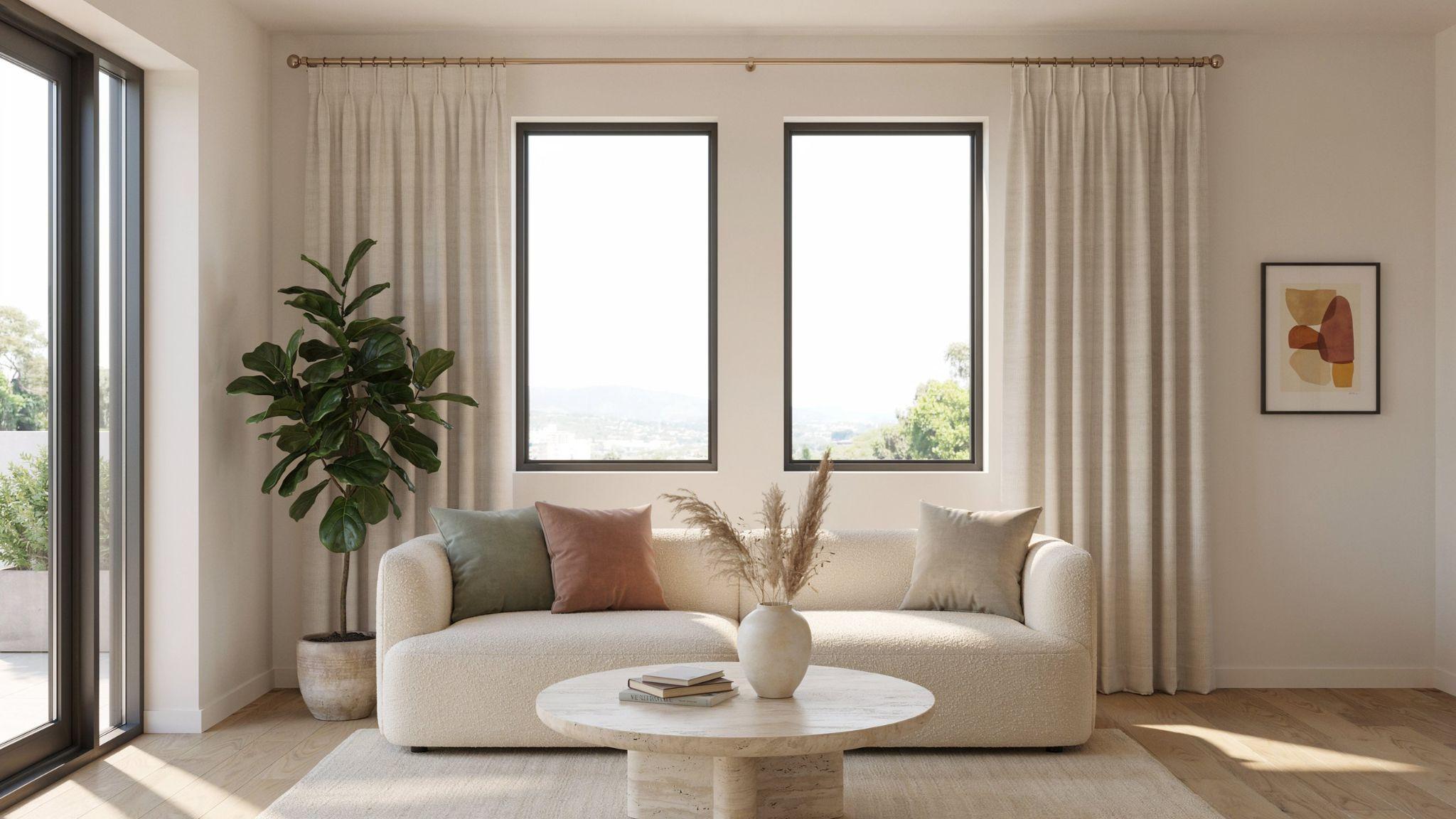 Double windows using one curtain rod with curtains stacked on outer sides.