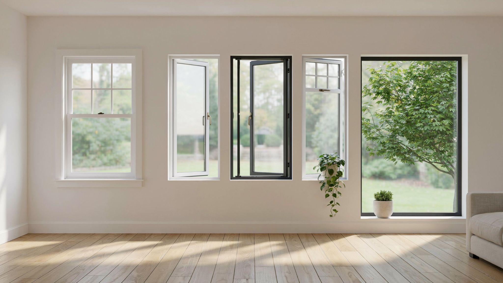 Multiple window styles displaying double hung casement sliding awning and fixed window designs