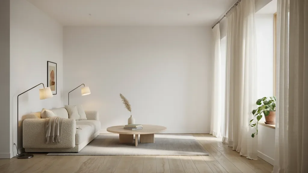 "Modern living room with 8-foot ceilings showing high-mounted floor-to-ceiling curtains that enhance vertical flow and balanced interior proportions."
