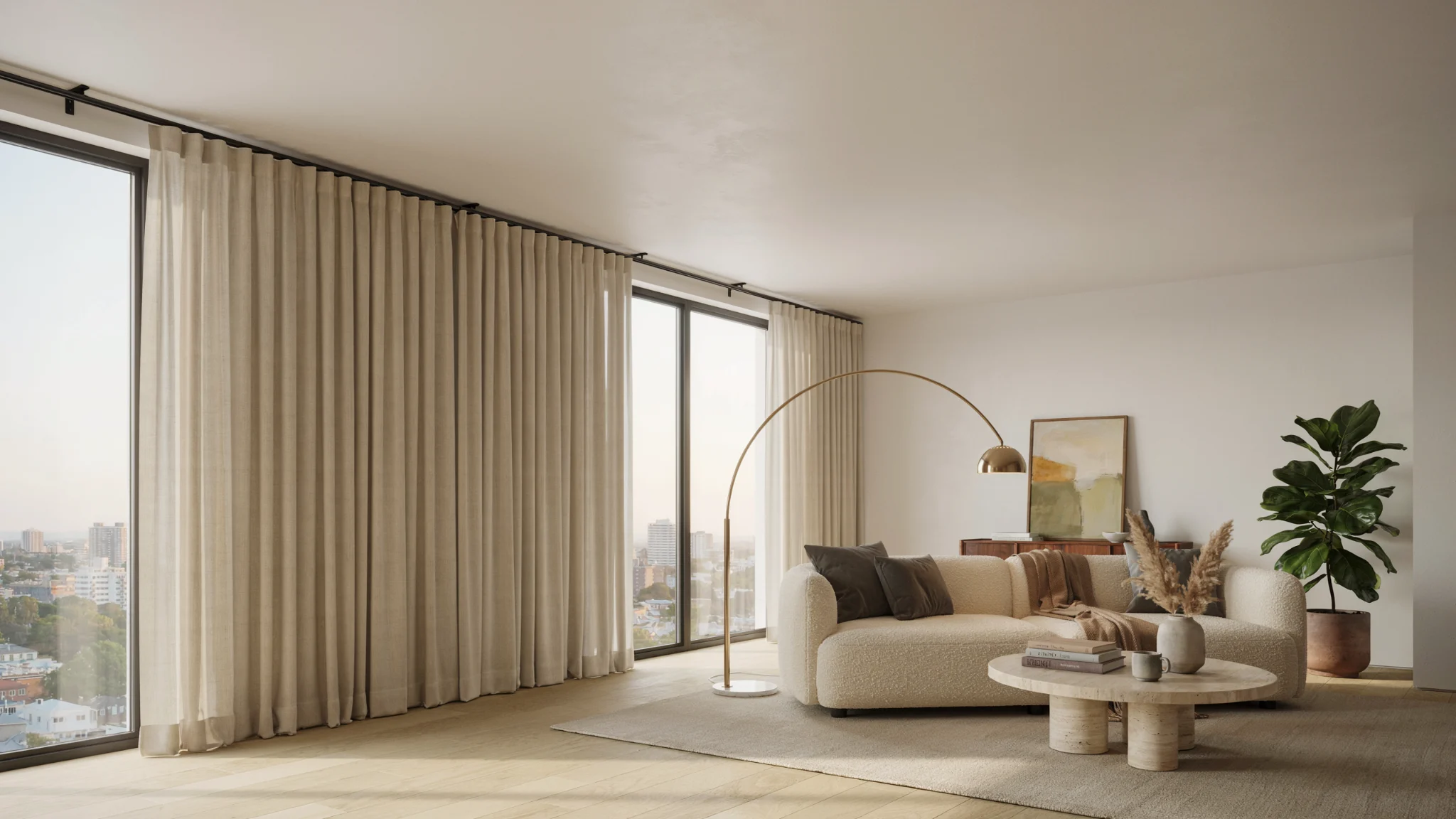 Ripple fold curtains with smooth continuous waves in a modern living room.