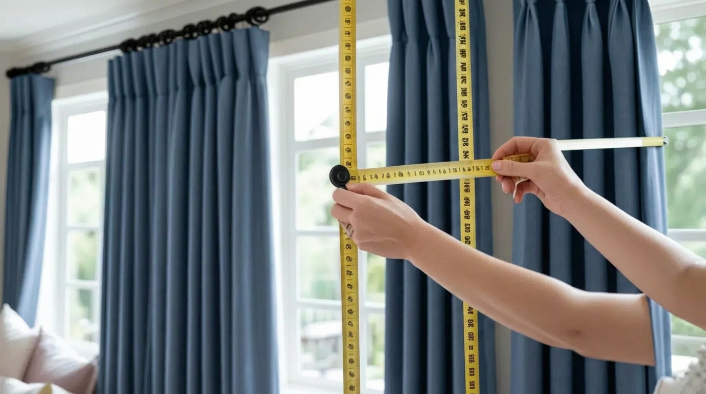 A hand measuring the curtain.