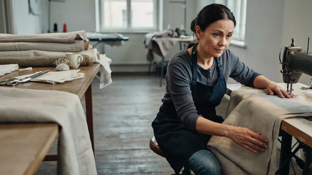 Curtain maker sewing high-quality drapery fabric.