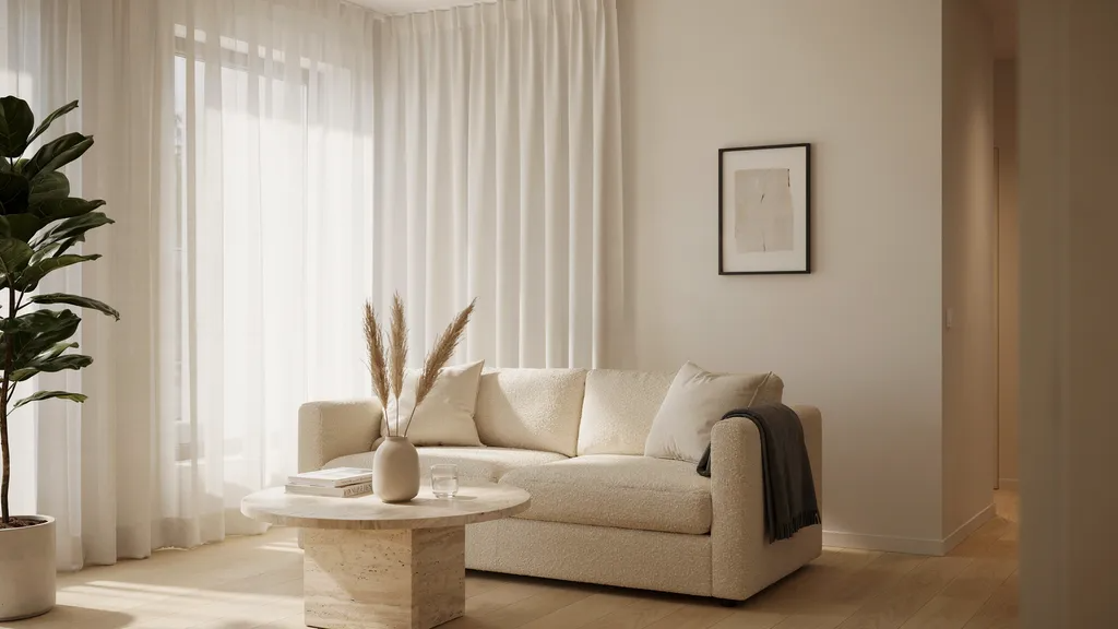 White sheer curtains layered over vertical blinds creating a bright and airy living room.