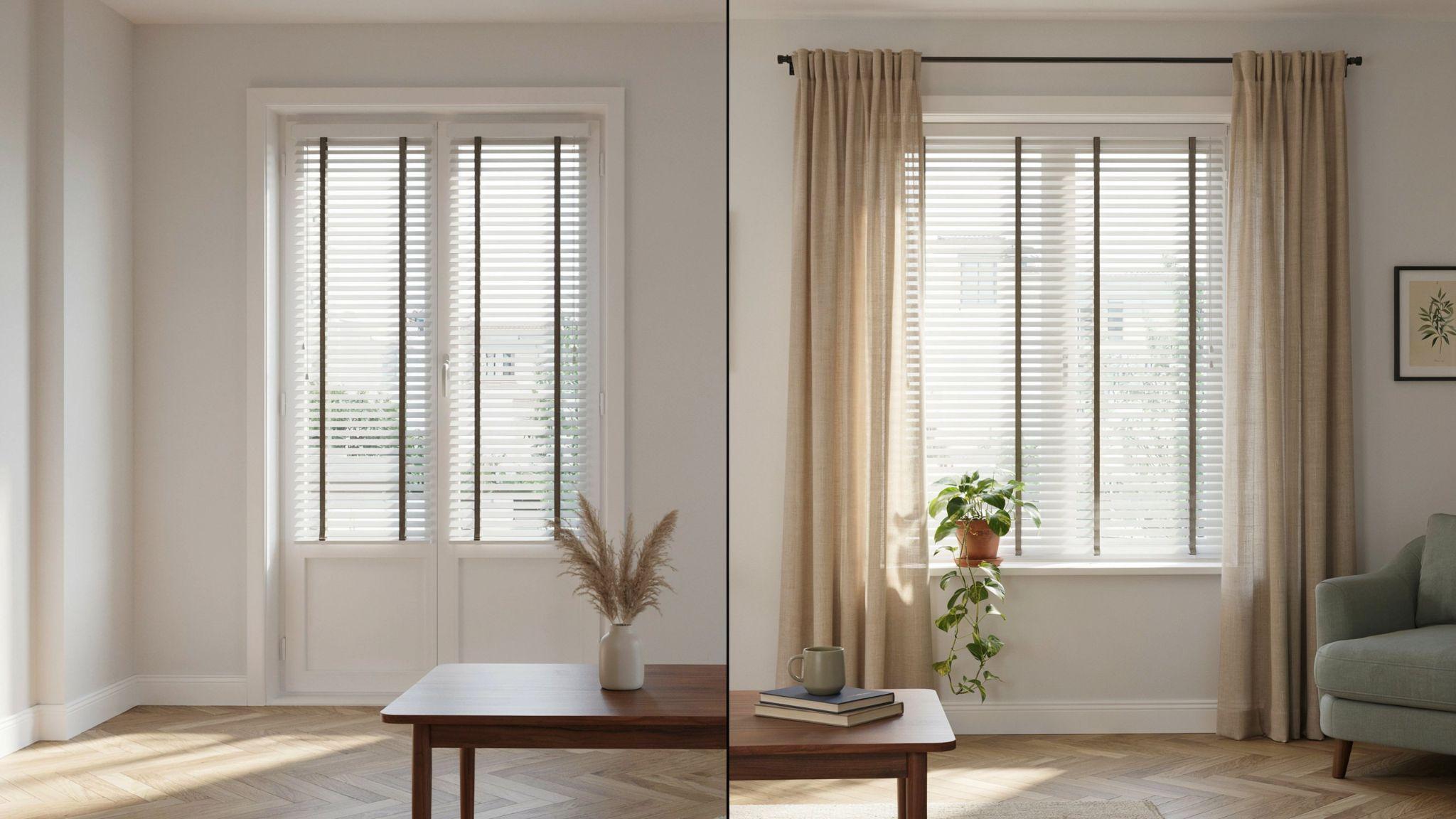 Comparison of plain blinds versus curtains layered over blinds.