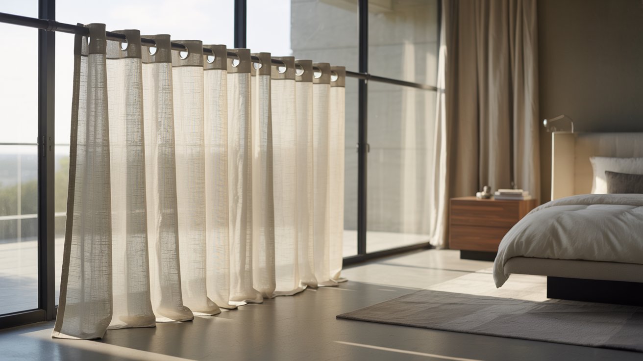 "Modern bedroom with eyelet curtains featuring metal rings and clean structured folds on a curtain rod."