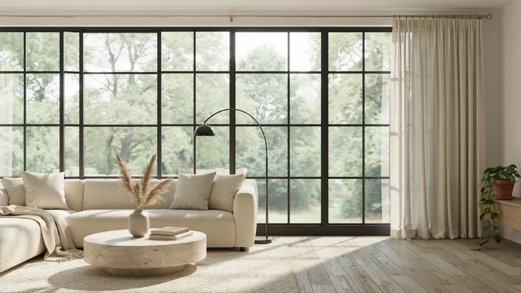 living room with floor length curtains creating tall classy lines in bright spacious modern interior.