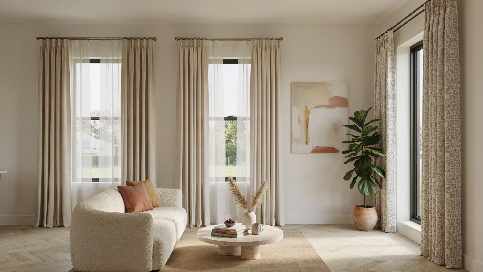 Three side-by-side windows with layered sheers, linen drapes, and patterned curtains create a stylish and balanced living room.