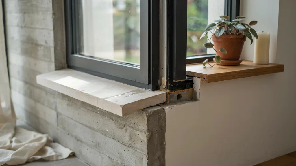 "Ultra-realistic cutaway view of a window showing interior and exterior sill design with drainage slope, indoor plant on ledge, and natural light entering through glass"