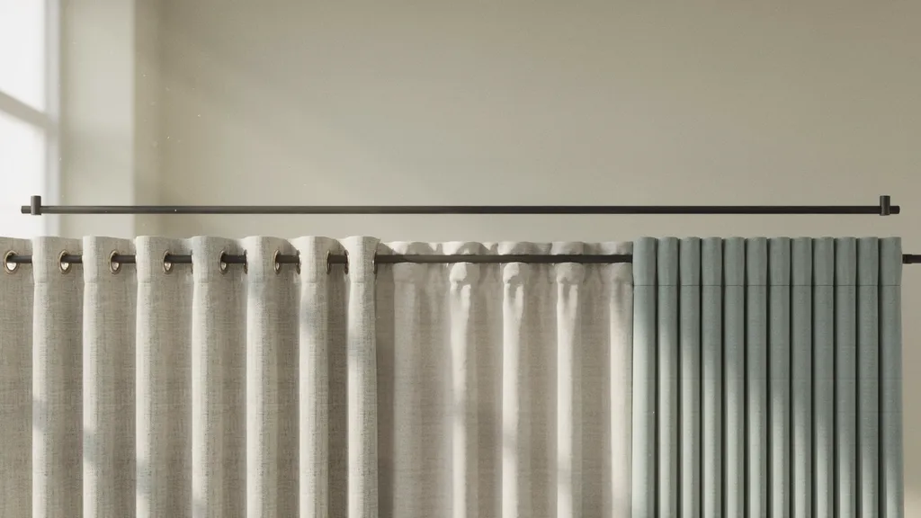 Close-up of different curtain hanging mechanisms showing fabric folds, rings, and pleats in detail.