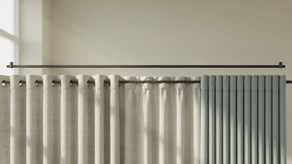 Close-up of different curtain hanging mechanisms showing fabric folds, rings, and pleats in detail.
