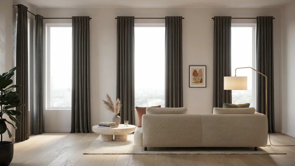 Contrasting curtains framing three realistic side-by-side windows.
