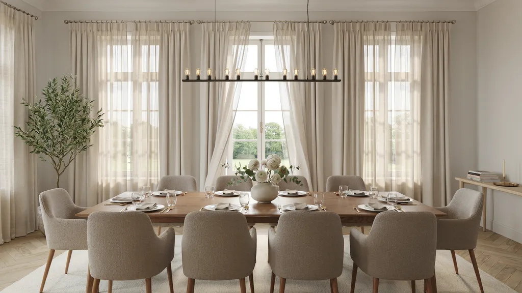 Dining room with three side-by-side windows decorated with elegant curtains and sheer panels, creating a bright, balanced, and inviting dining space.