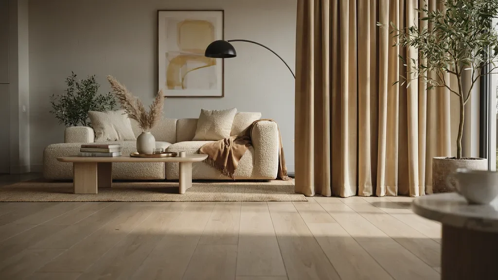 "Elegant gray living room with matte gold curtains adding warm richness and refined modern luxury"