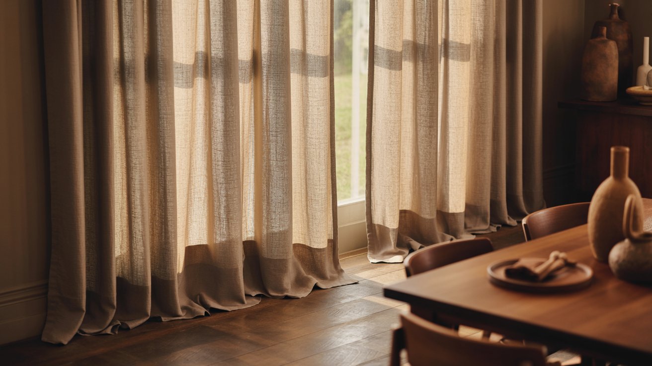 "Cozy dining room with apron curtains falling just below the window sill for a balanced, intentional look."
