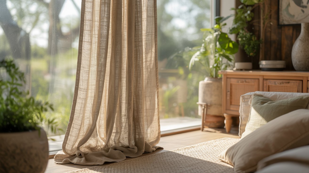 "Modern farmhouse living room with soft linen curtains filtering natural light in a relaxed organic space."