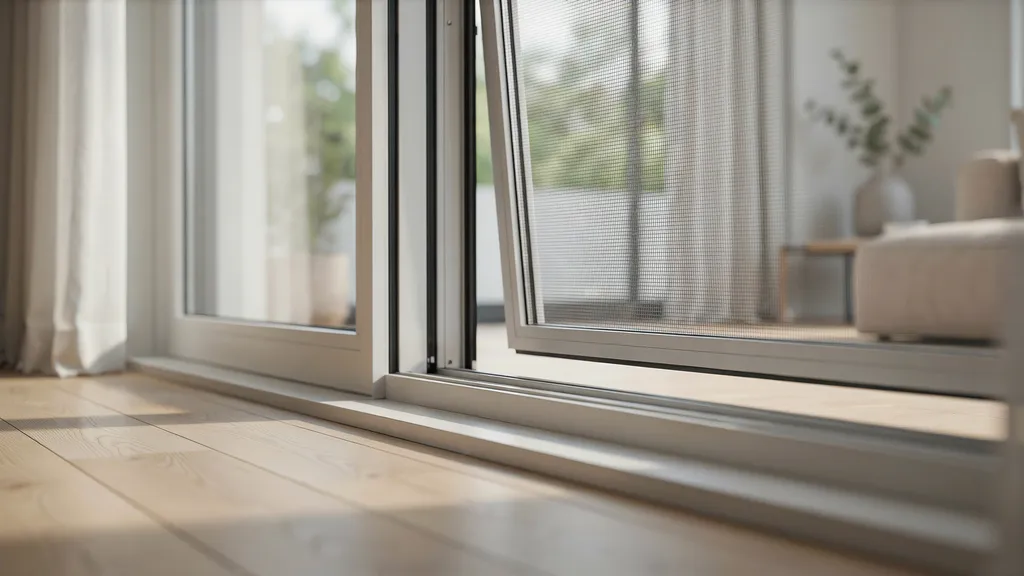 "Window screen being lifted and slid out of the lower track of a sliding window frame during removal."