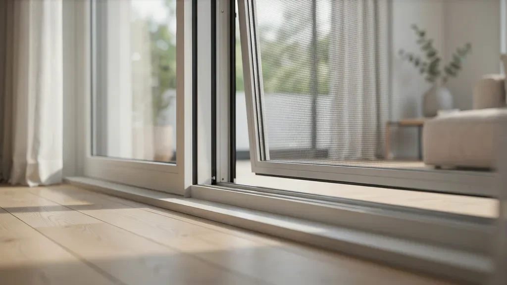 "Window screen being lifted and slid out of the lower track of a sliding window frame during removal."