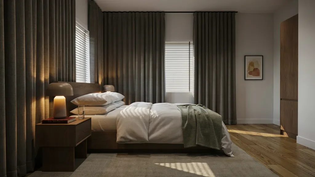 Blackout curtains with Venetian blinds in a modern bedroom for full light control