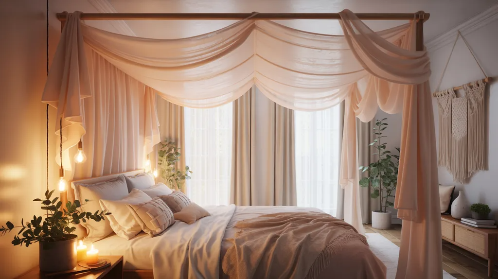 Canopy-style curtains draped around bed creating a soft romantic look.