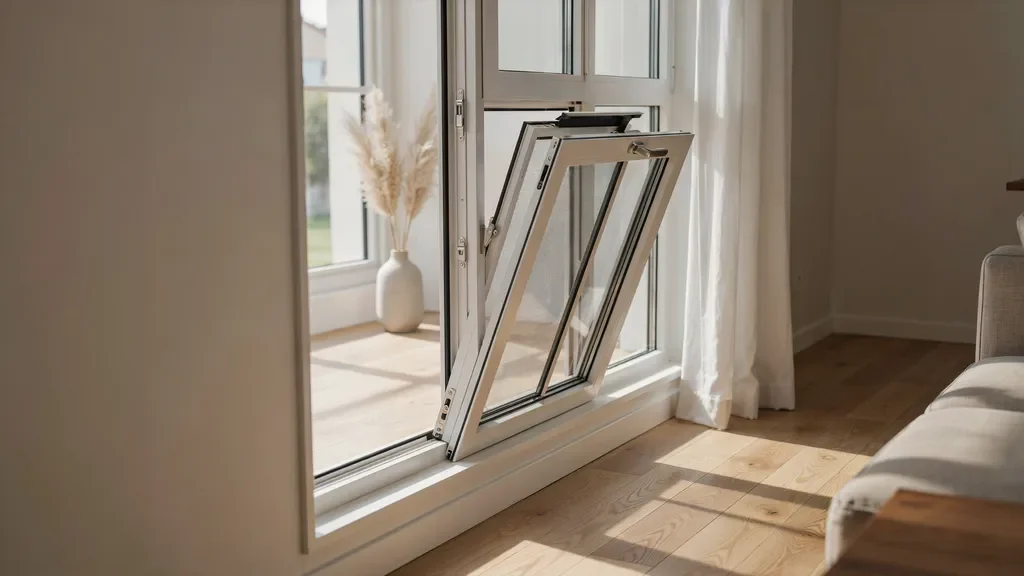 "Fully opened modern window with a screen positioned for safe removal, showing proper clearance between frame and sash."