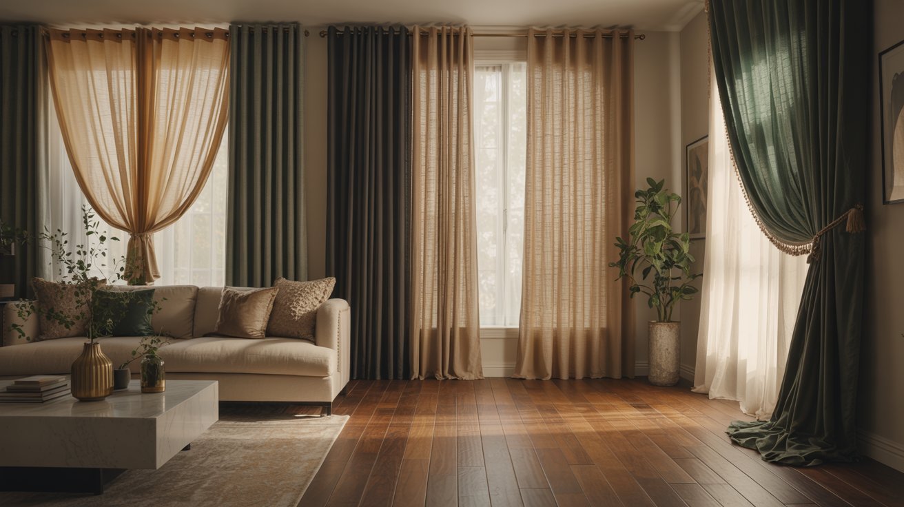 "Modern living room displaying different types of curtains including sheer, blackout, linen, and layered drapes in a stylish home interior."