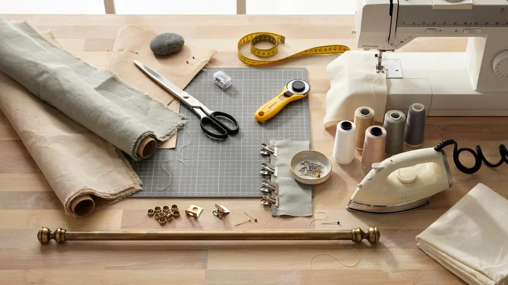 Tools and materials for sewing curtains including fabric, measuring tape, scissors, sewing machine, thread, pins, iron, and curtain rod hardware arranged on a worktable.