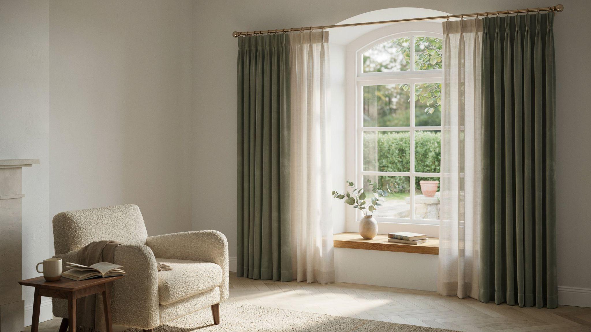 Layered curtains combining sheers and drapes for depth and texture